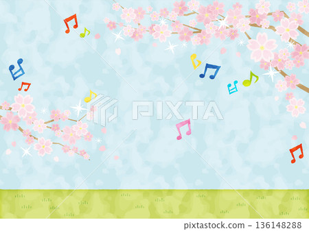 Spring landscape illustration of cherry blossoms and blue sky with musical notes | Watercolor style, landscape, copy space available 136148288