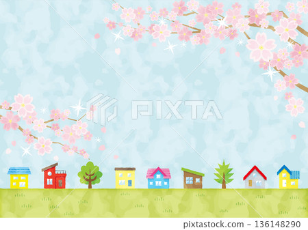 Spring landscape illustration of a meadow with blooming cherry blossoms and rows of houses | Watercolor style, landscape, copy space available 136148290