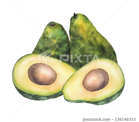Watercolor avocado composition. Whole and cut green fruit half with seed. Hand drawn realistic illustration isolated from background for healthy food packaging, vegan menu, exotic vegetables label. Watercolor avocado composition. Whole and cut green fruit half with seed. Hand drawn realistic illustration isolated from background for healthy food packaging, vegan menu, exotic vegetables label. 136148353