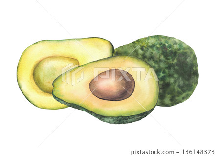 Watercolor avocado. Whole and cut green fruit half with seed. Hand painted illustration isolated from background. Vegan Food vegetable for eco prints and packaging, healthy farm product branding label Watercolor avocado. Whole and cut green fruit half with seed. Hand painted illustration isolated from background. Vegan Food vegetable for eco prints and packaging, healthy farm product branding label 136148373