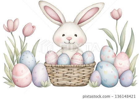 Cute Bunny with Easter Eggs in Basket Surrounded by Colorful Flowers and Nature Elements 136148421