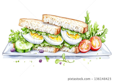 Fresh Sandwich with Boiled Eggs, Lettuce, Cucumbers, and Cherry Tomatoes on White Plate 136148423