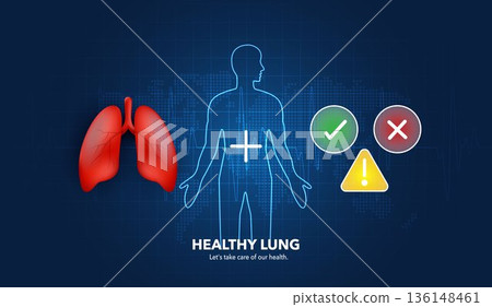 Healthy Human Lungs with Body Silhouette and Medical Icons on Blue Digital Background for Respiratory Health, Diagnosis, Global Healthcare, and Wellness Prevention Vector Infographic. 136148461