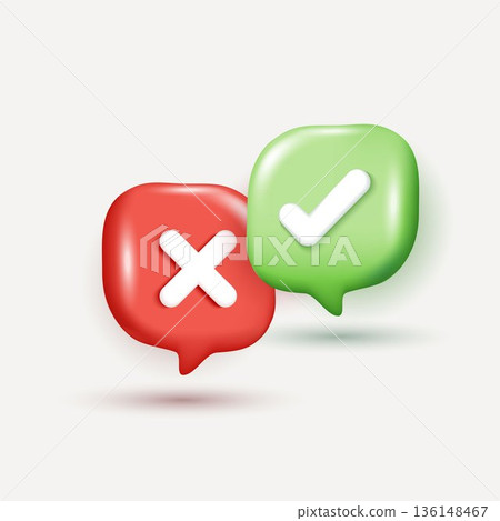 3D check mark and cross symbols in red and green speech bubbles. Vector illustration for right or wrong choice, yes or no decision, feedback, quiz, voting, and UI UX interface design elements. 136148467