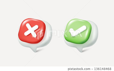 3D check mark and cross symbols in red and green speech bubbles. Vector illustration for right or wrong choice, yes or no decision, feedback, quiz, voting, and UI UX interface design elements. 136148468