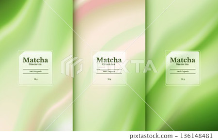 Matcha green tea background templates with soft liquid waves and organic leaf line art. Vector illustration for healthy drink banner, tea ceremony poster, zen wellness and cosmetic packaging design. Matcha green tea background templates with soft liquid waves and organic leaf line art. Vector illustration for healthy drink banner, tea ceremony poster, zen wellness and cosmetic packaging design. 136148481