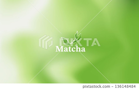 Abstract matcha green tea background with soft liquid waves and leaf logo. Green organic texture for healthy drink, zen wellness, tea ceremony, cosmetic packaging and nature product banner design. 136148484