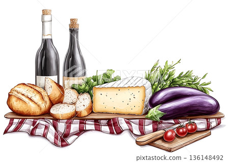 Exquisite Arrangement of Wine, Cheese, Fresh Vegetables, and Artisan Bread on Wooden Board 136148492