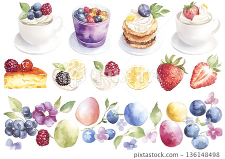 Colorful watercolor illustration of desserts, fruits, and floral elements for spring themes 136148498