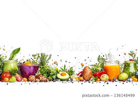 Fresh Ingredients and Colorful Juices on White Background for Healthy Cooking and Nutrition 136148499