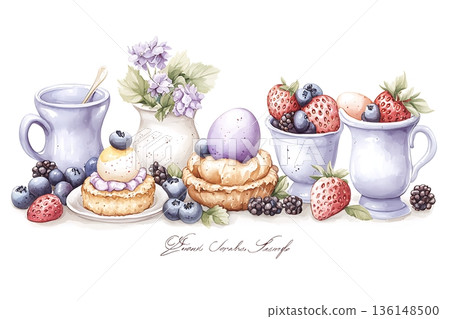 Delicious Spring Treats with Fresh Fruits and Colorful Pastries on White Background 136148500