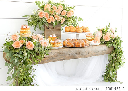 Elegant Floral Dessert Table with Cakes, Pastries, and Fresh Roses for Celebratory Events 136148541