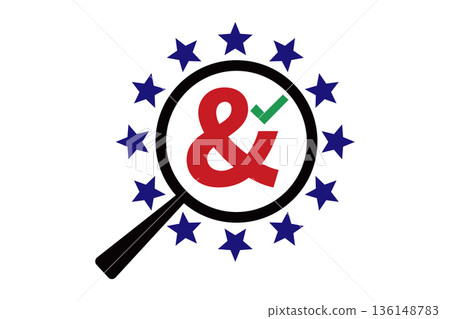 European Union Search And Verification Magnifying Glass With Ampersand And Green Check Inside Star Ring 136148783