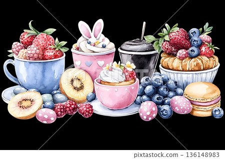 Delightful Display of Colorful Desserts and Fresh Fruits on Elegant Black Background 136148983