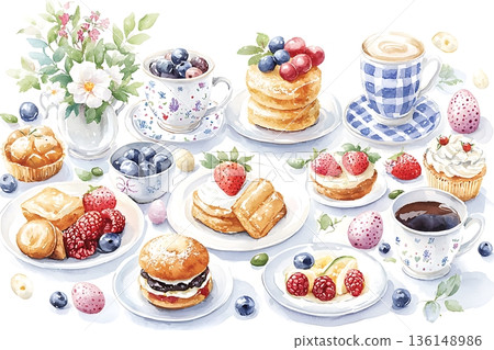 Delightful Afternoon Tea Spread with Cakes, Pastries, Fruits, and Floral Arrangement 136148986