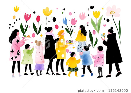 Colorful Spring Gathering with Women and Children Celebrating Around Flowers and Easter Eggs 136148990