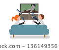 Illustration of a man and woman watching baseball on TV 136149356