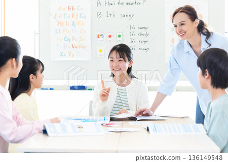 Education A child taking a lesson in an English conversation class and a native teacher 136149548