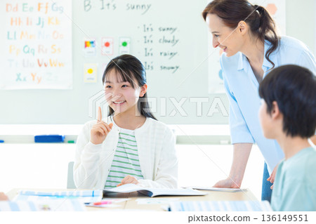 Education A child taking a lesson in an English conversation class and a native teacher 136149551