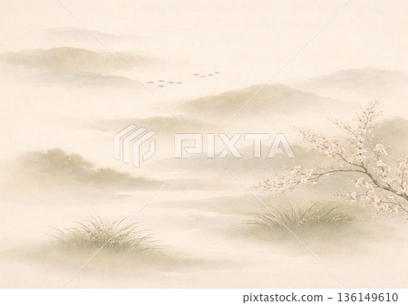 霧氣繚繞的山間櫻花 136149610