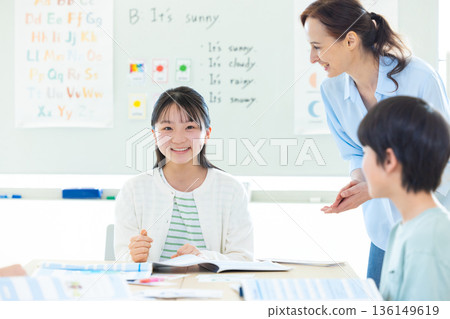 Education A child taking a lesson in an English conversation class and a native teacher 136149619