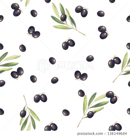 Seamless pattern Illustration with hand-drawn black olives and branches scattered on a white background Seamless pattern Illustration with hand-drawn black olives and branches scattered on a white background 136149684