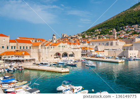 View of old harbor at city Dubrovnik, Croatia. View of old harbor at city Dubrovnik, Croatia. 136149775