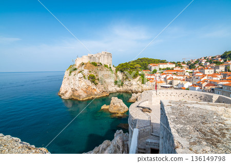 Ancient fort Lovrijenac near old city Dubrovnik. View from city wall. Sunny day, summer weather. Croatia coat near adriatic sea. 136149798