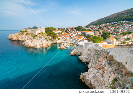 Ancient fort Lovrijenac near old city Dubrovnik. View from city wall. Sunny day, summer weather. Croatia coat near adriatic sea. 136149801
