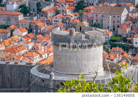 Minceta tower at old city Dubrovnik with the town red and orange roofs in the background 136149808