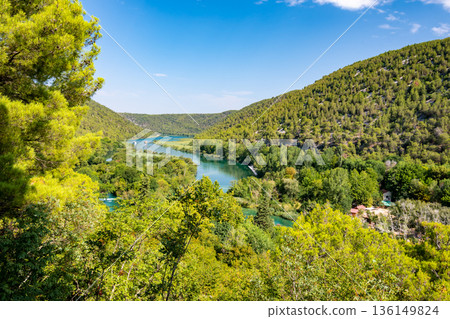Panoramic view of Krka lakes, Croatia. Nature national park. Summer day, fresh green nature. 136149824