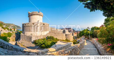 Dubrovnik city walls and Minceta tower, panoramic view of city. Green tress, palms and oleander flower. Beautiful ancient city and fortress, adriatic sea. Sunny summer day. 136149921