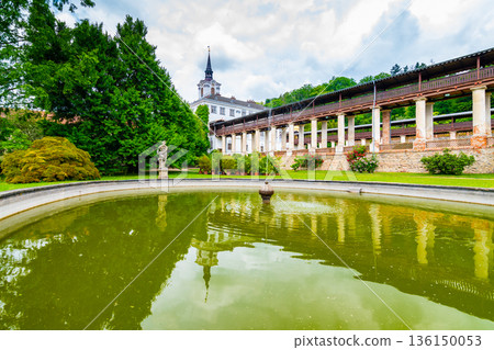 Lysice castle, Czech Republic. Famous baroque castle built in 14th century. Beautiful formal garden, palm trees and flowers. Promenade near the castle. Sunny day, dramatic clouds before storm. 136150053
