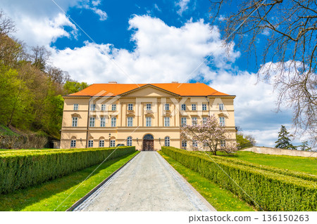 Boskovice empire state chateau, front view. Summer weather with blue sky. Boskovice empire state chateau, front view. Summer weather with blue sky. 136150263
