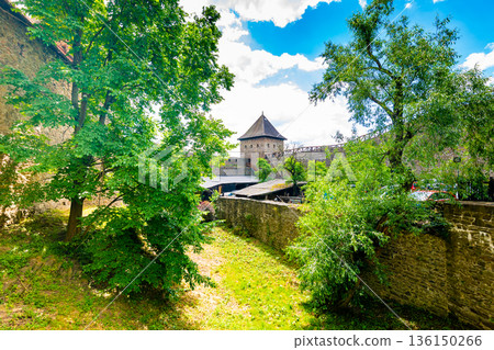 Medieval castle Helfstyn, Czech Republic. Ancient castle in gothic style. Castle walls and interiors, beautiful old tower. Summer weather, blue sky with clouds. Famous trip destination. Medieval castle Helfstyn, Czech Republic. Ancient castle in gothic style. Castle walls and interiors, beautiful old tower. Summer weather, blue sky with clouds. Famous trip destination. 136150266
