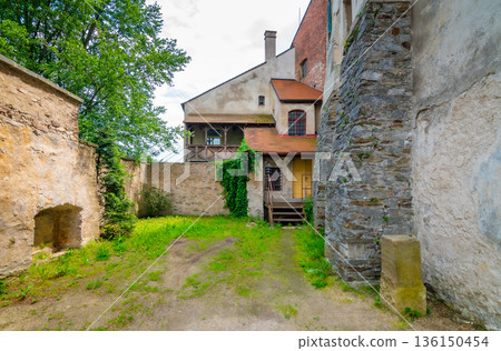Courtyard of Ledec nad Sazavou Castle, Czech Republic. View from castle tower in summer day. 136150454