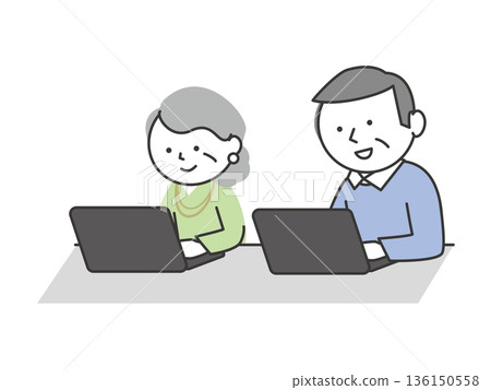 Senior men and women learning how to use a PC. Illustration of Japanese elderly people studying in a computer class. 136150558