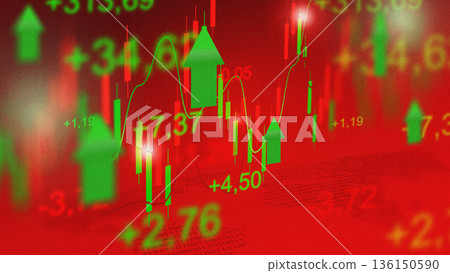 Stock market rises with green arrows on red background showing growth at evening trading hours Stock market rises with green arrows on red background showing growth at evening trading hours 136150590