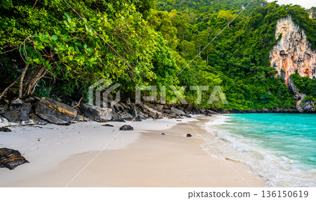 View of monkey beach at Ko Phi Phi islands, Thailand. Famous tropical beach with white sand and turquoise water. View from long tail boat. Summer paradise. 136150619
