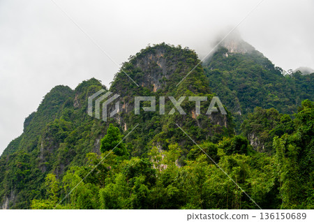 View of Khao Sok Lake in Krabi province, Thailand, with towering limestone cliffs covered in tropical rainforest rising above the calm surface of the lake. View of Khao Sok Lake in Krabi province, Thailand, with towering limestone cliffs covered in tropical rainforest rising above the calm surface of the lake. 136150689
