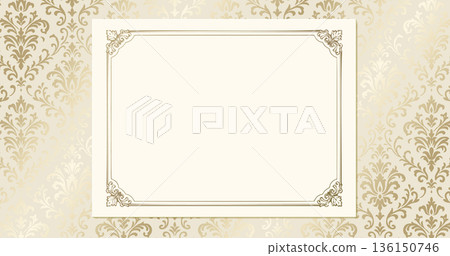 Champagne gold damask pattern background and horizontal frame. Luxurious certificate or banner material. Champagne gold damask pattern background and horizontal frame. Luxurious certificate or banner material. 136150746