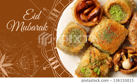 Celebration of Ramadan with sweets and nuts displayed on a plate for Eid Mubarak festival Celebration of Ramadan with sweets and nuts displayed on a plate for Eid Mubarak festival 136150815