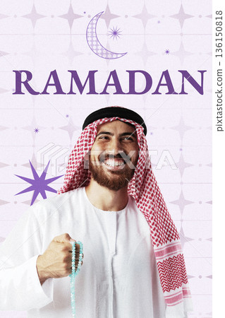 Ramadan celebration with a man holding prayer beads and smiling during the holy month 136150818