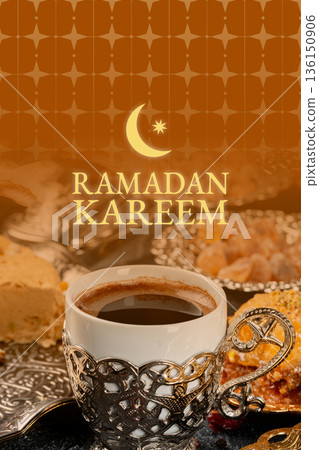 Enjoying coffee and sweets during Ramadan celebration and traditions in a festive setting 136150906