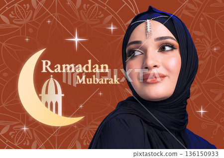 Celebration of Ramadan with a woman wearing hijab and a greeting of Ramadan Mubarak Celebration of Ramadan with a woman wearing hijab and a greeting of Ramadan Mubarak 136150933