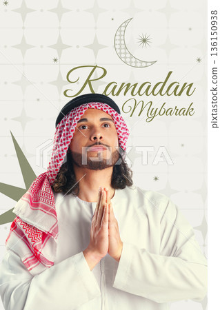 Muslim man prays during Ramadan while wearing traditional dress Muslim man prays during Ramadan while wearing traditional dress 136150938