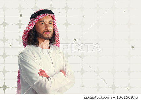 Muslim man in traditional dress during Ramadan celebrations in a decorated setting Muslim man in traditional dress during Ramadan celebrations in a decorated setting 136150976