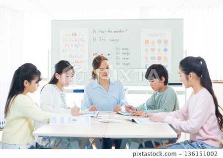 教育：一位孩子正在上英語會話課，一位母語教師正在授課。 136151002