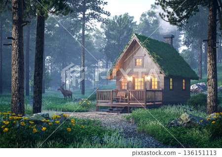 Cozy wooden cabin with a mossy roof in a misty pine forest 3d render 136151113