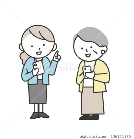 A young woman explaining how to use a smartphone to a senior woman. Illustration of a Japanese person providing digital support. A young woman explaining how to use a smartphone to a senior woman. Illustration of a Japanese person providing digital support. 136151170